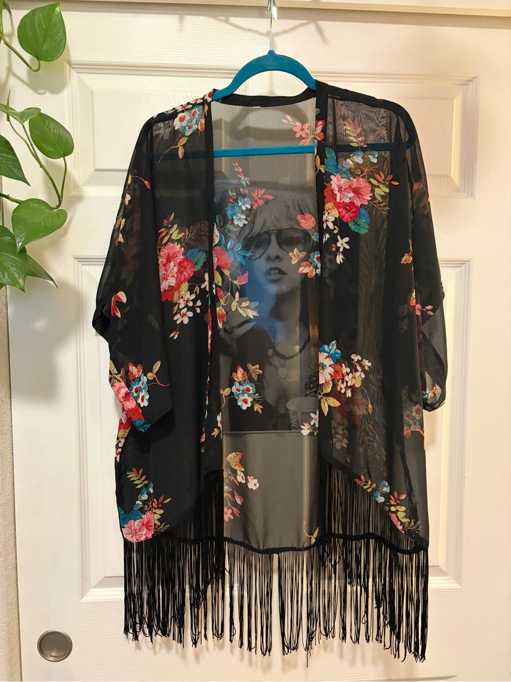 Black Floral Sheer Kimono Cardigan with Fringe